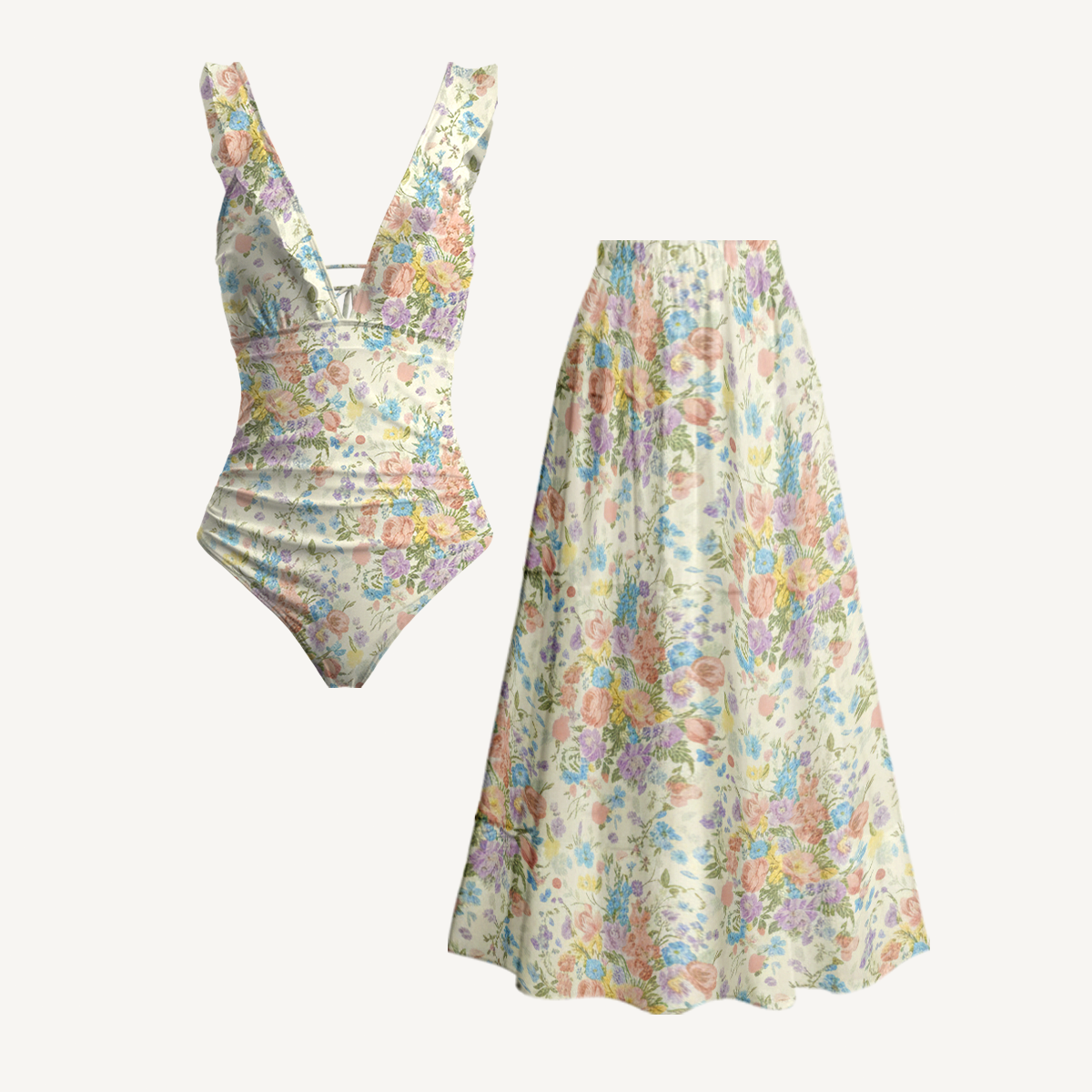 Morning Dew Bouquet Ruffled V Neck One Piece Swimsuit and Matching Midi Skirt Set